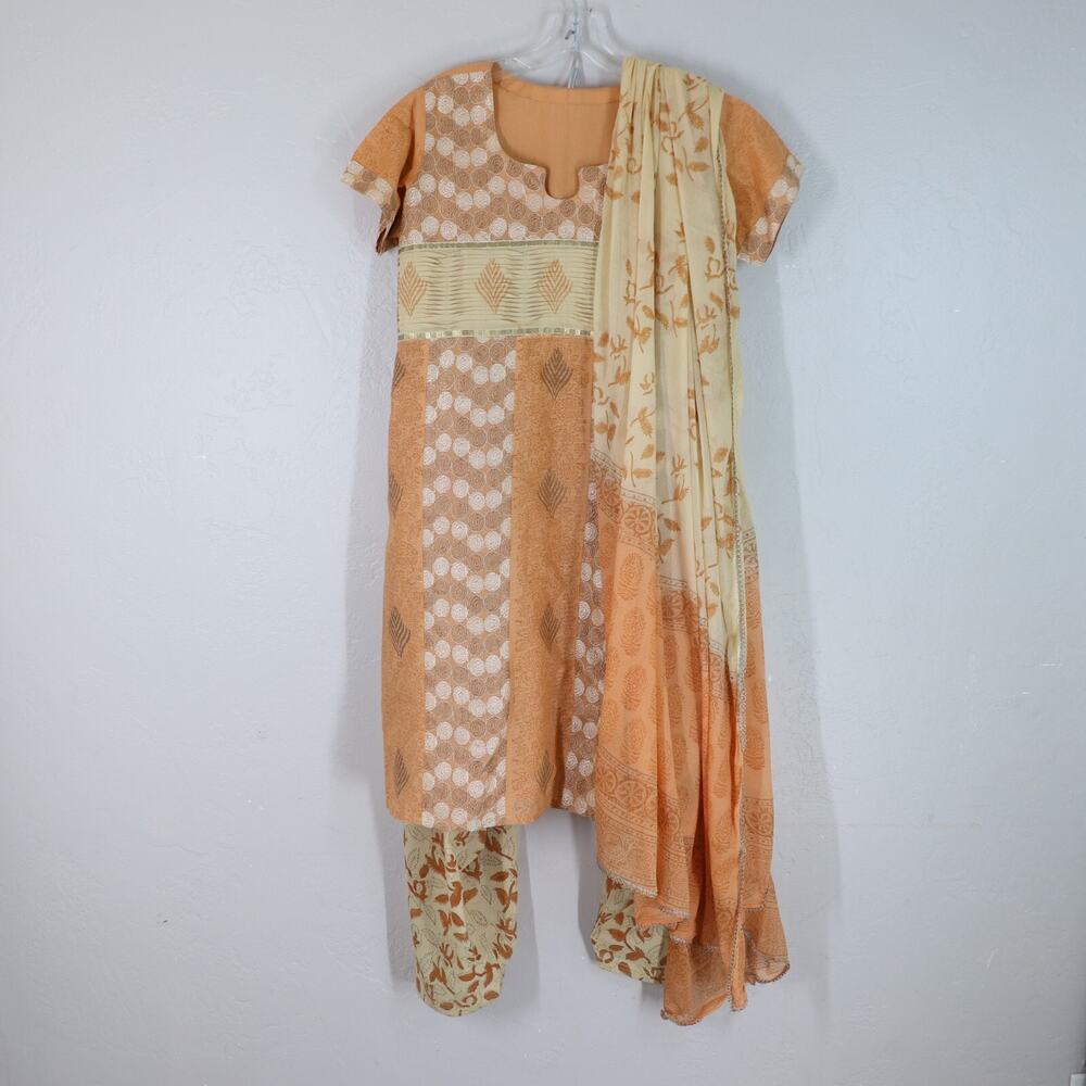 Shalwar Kameez Dupatti Punjabi Suit 3 Pc Set M Tunic Pants Scarf Peach Floral